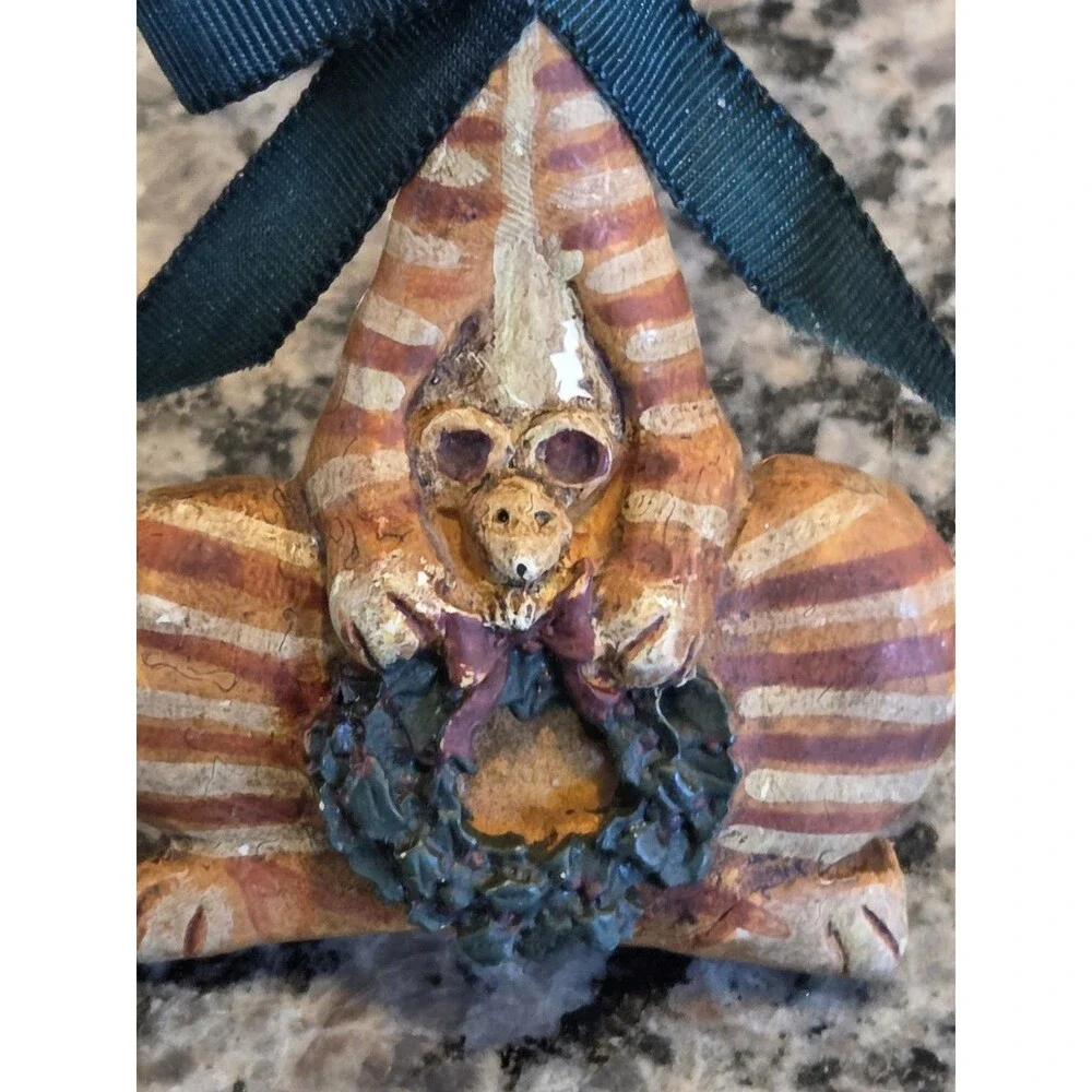 Kurt Adler Yellow Stripe Cat with Mouse & Wreath Christmas Ornament